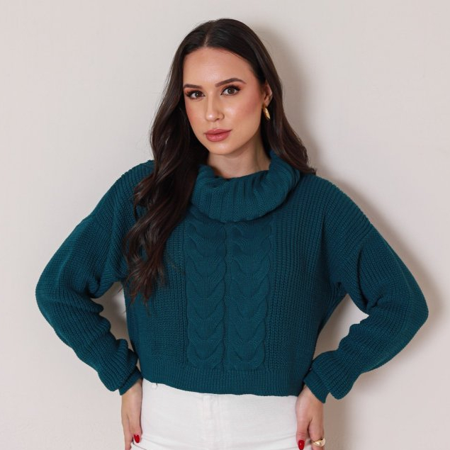 Blusa Feminina Cropped Suéter Gola Alta Macia Trança Modelagem Reta Moda Outono Inverno Elegante Confortável