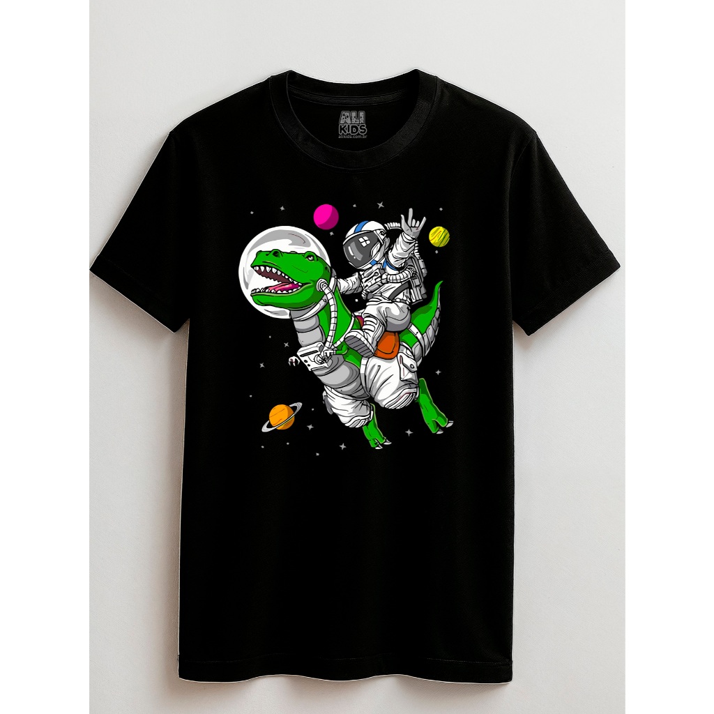 Camiseta Astronauta Dinossauro Juvenil e Infantil 2 ao 16 anos Casual Urban
