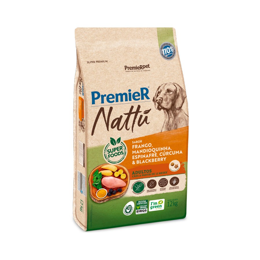 Ração Premier Nattu Cães Adultos Sabor Frango e Mandioquinha 12 kg