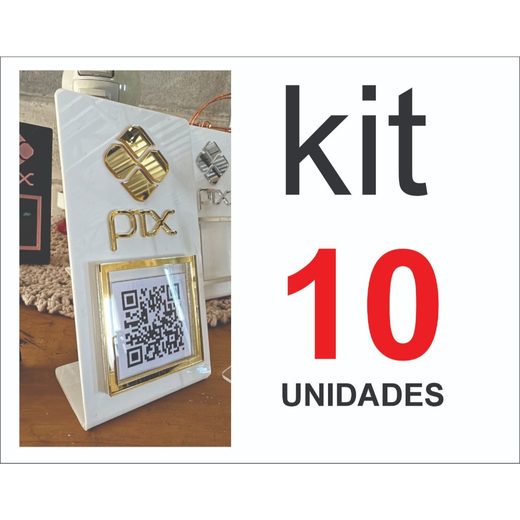 Kit 10 Uni Placa Pix Display Acrílico Espelhado QR Code Mesa Balcão Dourado