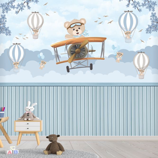 Papel de Parede Urso Aviador com Ripado Decoração Infantil Moderna e Charmosa