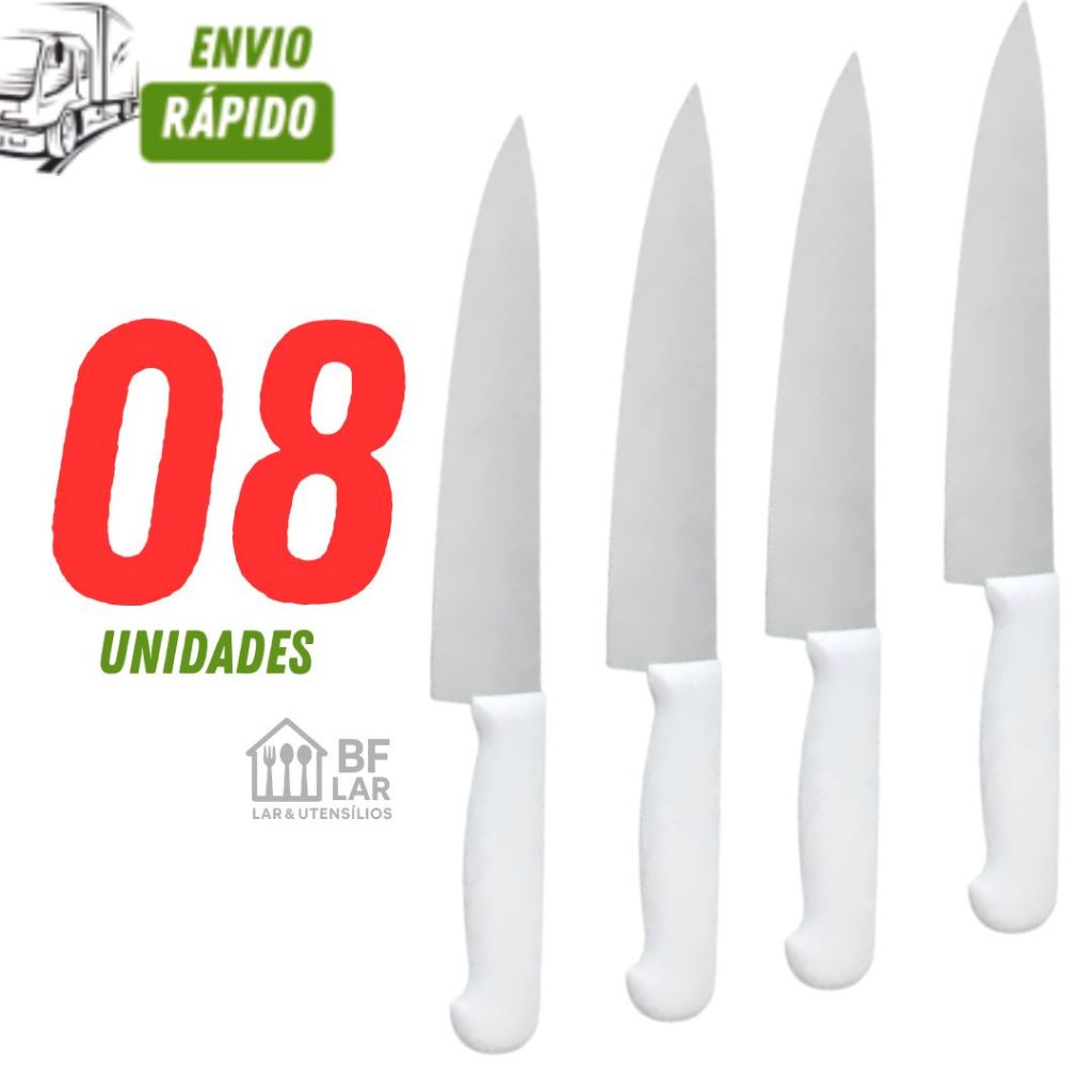 KIT 08 FACAS MULTIUSO INOX FACA PEIXEIRA 5"POLEGADAS CABO BRANCO VARIÁVEIS UTILIDADES CARNE LEGUMES