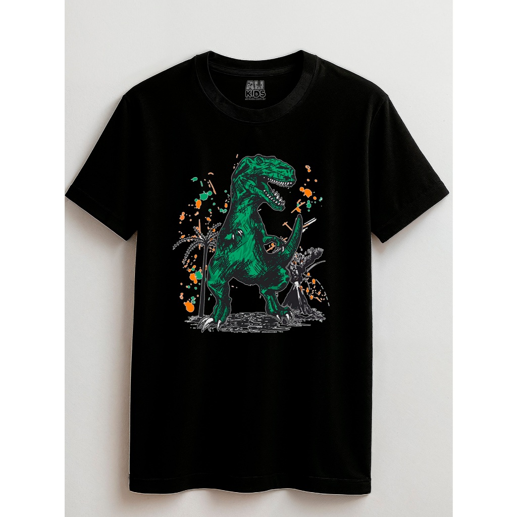 Camiseta Dinossauro Vulcão Juvenil e Infantil 2 ao 16 anos Jurassic Dino Casual Urban