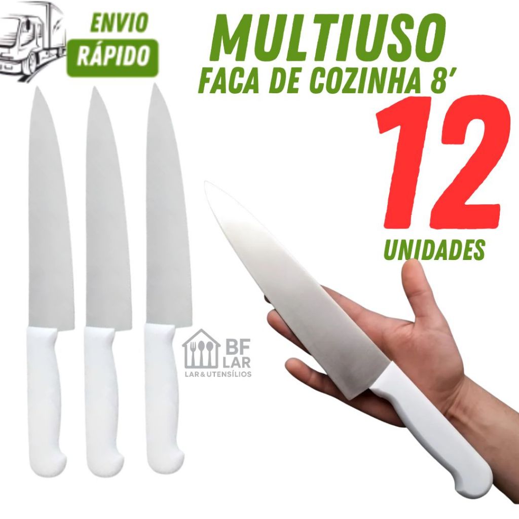 Faca Corta Tudo Kit com 12/10/08 e 05 Unid Faca Peixeira 8 Polegadas cabo Branco Corta Carne Legumes