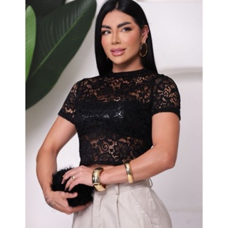 Blusa RENDA femenina transparente elegante social estilo gringa pra festa de balada malha renda em Oferta na Shopee