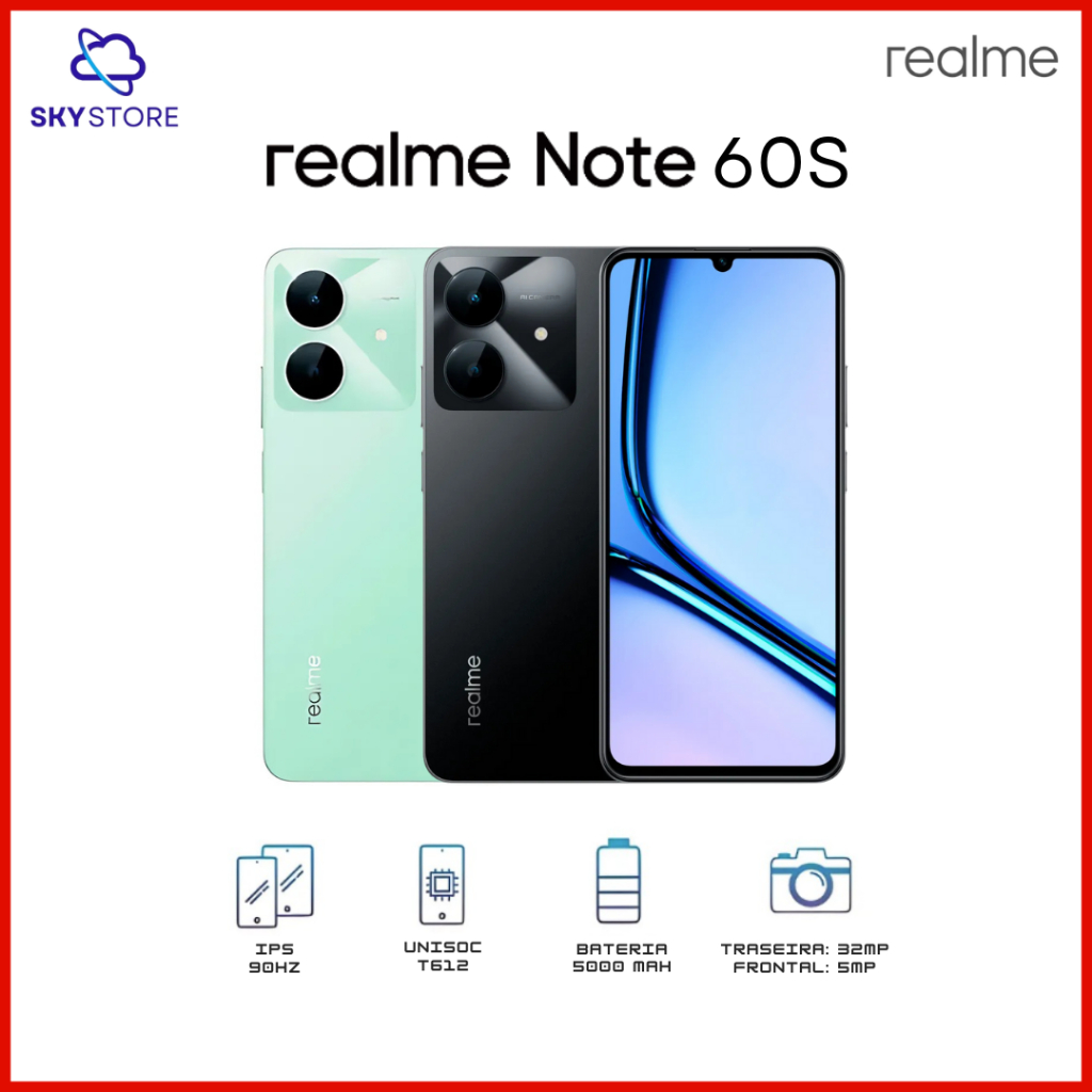 Realme Note 60S 4G  Versão Global128GB/256GB Armazenamento, RAM 4GB/8GB, Processador unisoc T612, Câmera 32MP em Oferta na Shopee