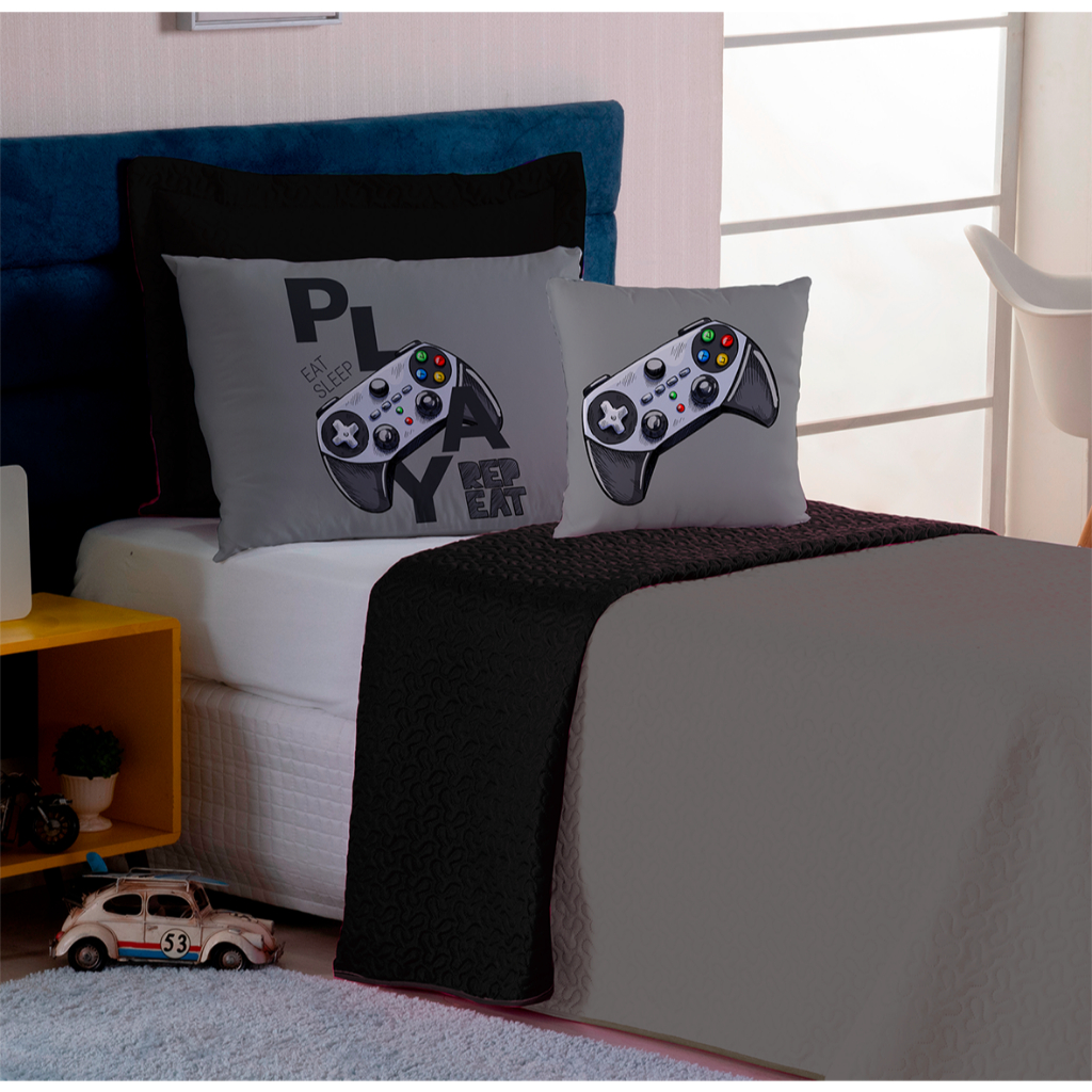KIT COBRE LEITO DUPLA FACE GAME PLAY GAMER MENINO MENINA  MATELADO  CINZA E PRETO ROSA PINK PRETO 4 PEÇAS