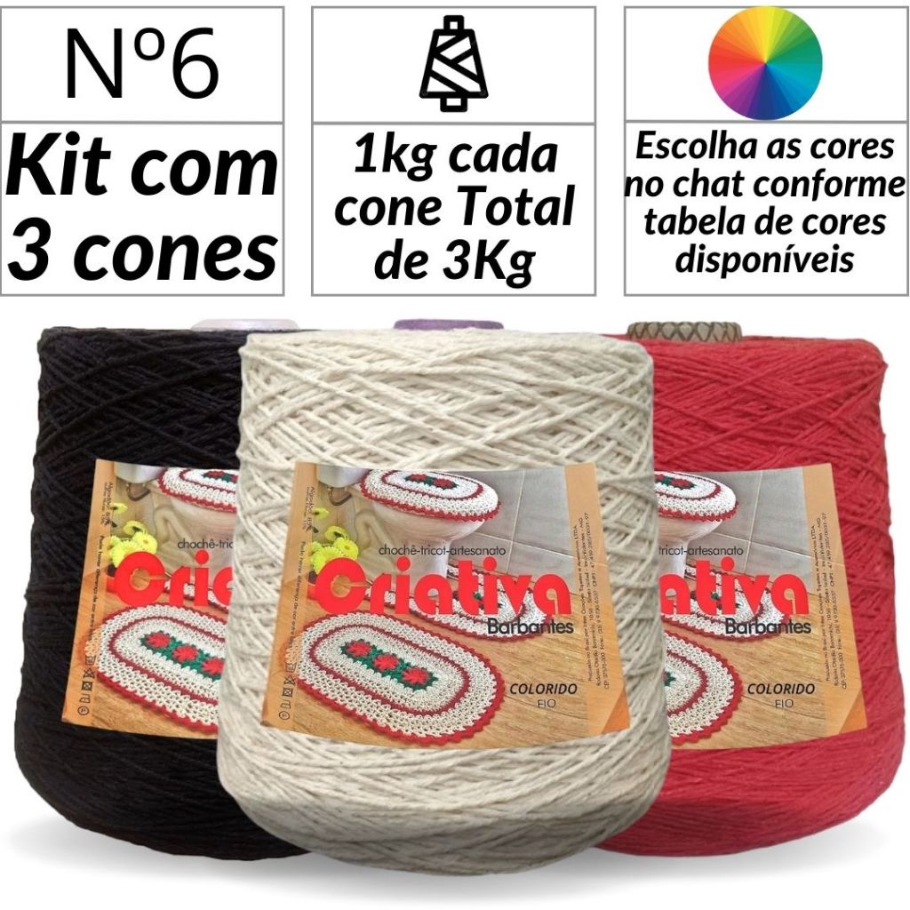 Kit 3 Unidades Barbante Criativa 1Kg N.º 6 Cores Predefinidas
