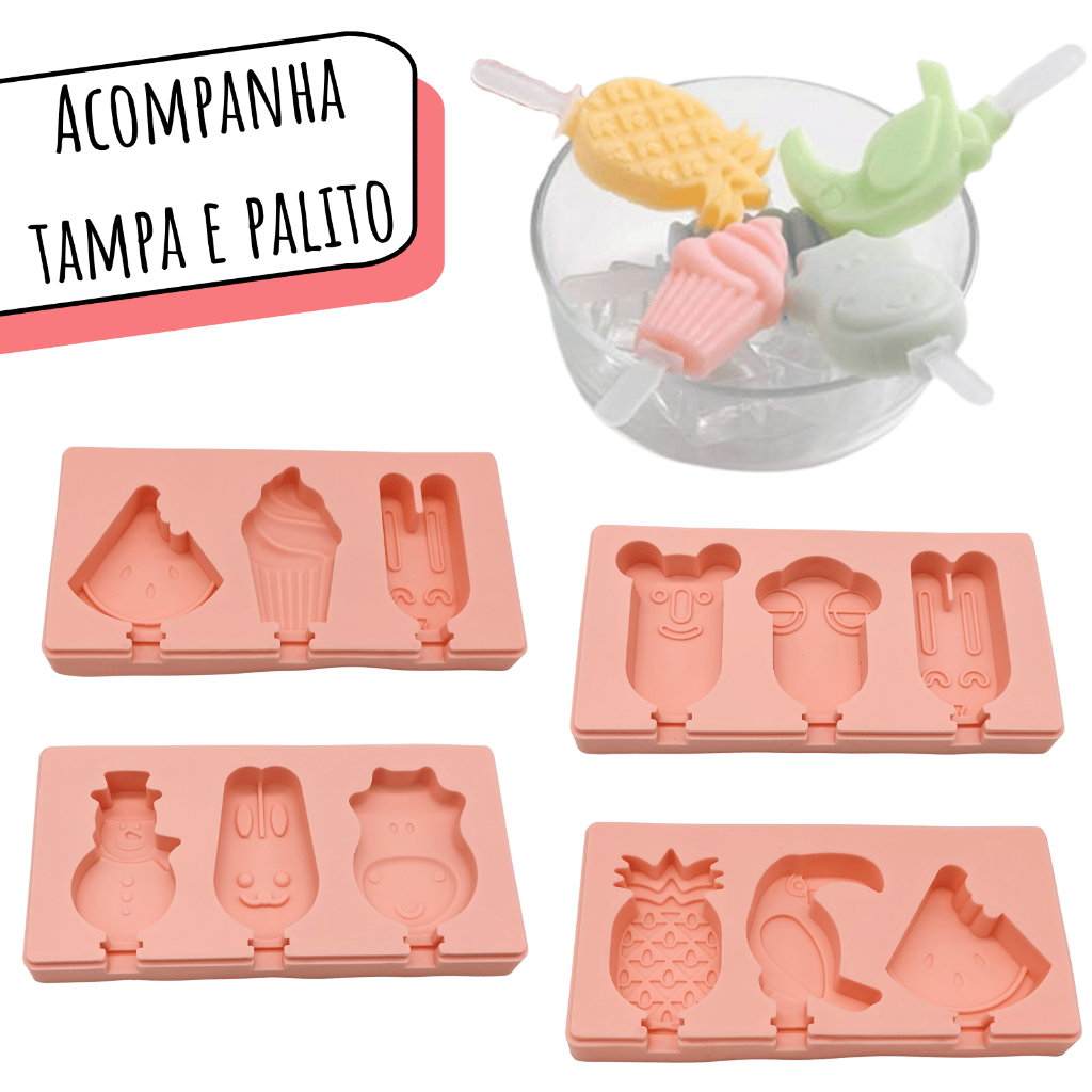 Molde de Picolé Sorvete Tampa Palito Reutilizavel Forma Silicone Desenhos Animais Bichinhos Frutas