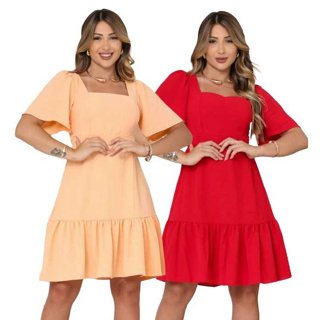 Vestido Feminino Duna Curto Elegante Forrado com Manga Bufante em Oferta na Shopee
