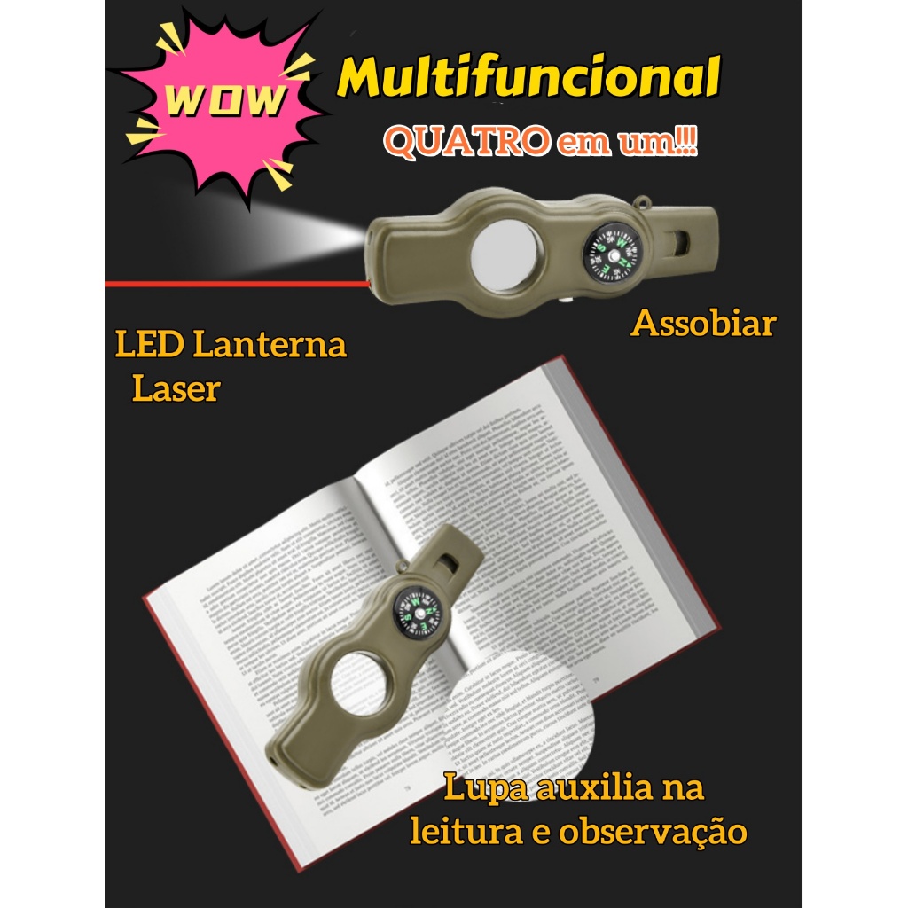 Kit Bússola Acapamento 5 em 1 - Apito Lanterna Acessórios de Viagem e Caminhadas