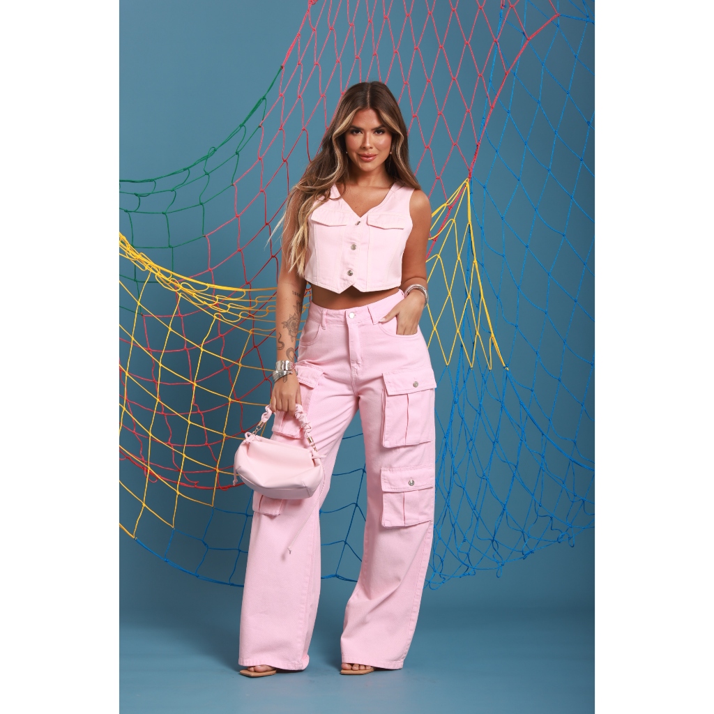 Colete Tampas Copacabana Color Rosa Ice Cream Cropped Colete Femino botoes candy color rosa bebe glitter jeans tendencia