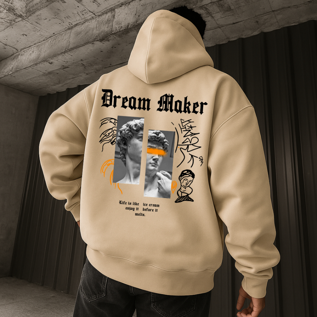 Blusa de Frio Moletom Canguru Estampado Oversized Dream Maker Frase Grafite Moda Hip Hop Trap Rap