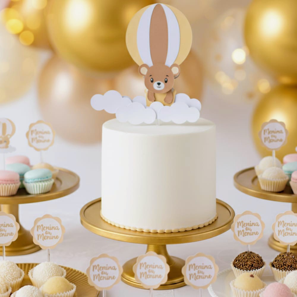 🚚 Envio Imediato | 🧸 kit Topo de Bolo + 15 Toppers Ursinho Balão – Chá Revelação (Menino ou Menina) 🎉