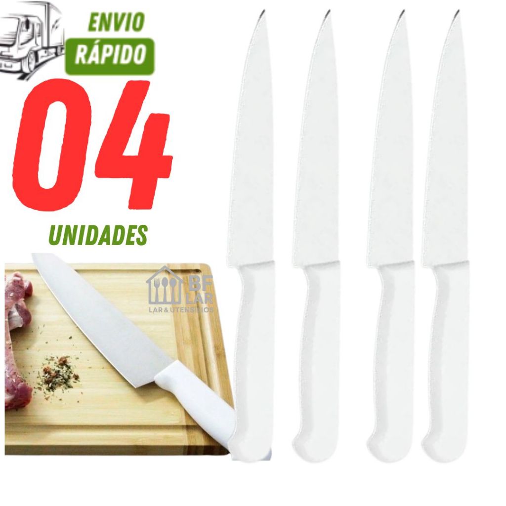 Faca Inox com Cabo Branco Multiuso 08 Polegadas Para Cozinha Bares Restaurante com 04/03/02/01 peças