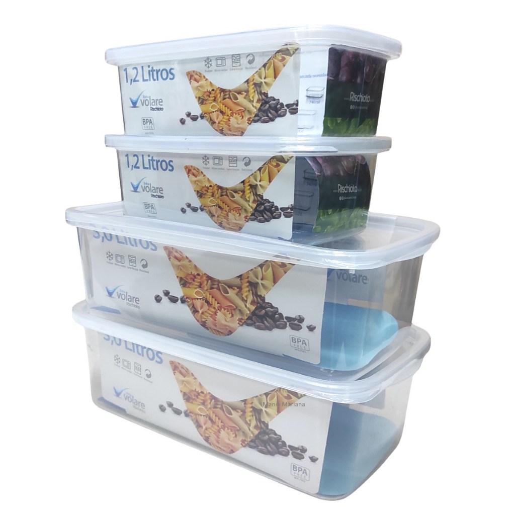 KIT COM 4 POTES PLÁSTICOS VOLARE RETANGULAR (2 POTES DE 1,2 LTS + 2 POTES DE 3 LTS) em Oferta na Shopee