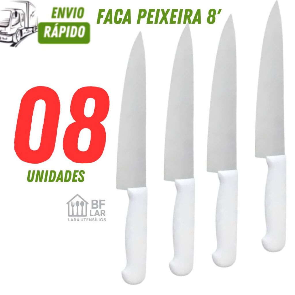 Kit com 08/05 ou 03 Faca Inox de Cabo Branco Multiuso 8º Polegadas  Corta Legumes e Carne na Cozinha