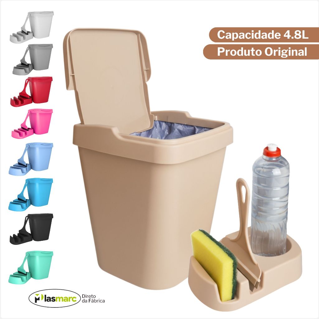 Kit Pia Com Porta Detergente Com Rodinho + Lixeiras 4,8L Gourmet Para Cozinha Aréa