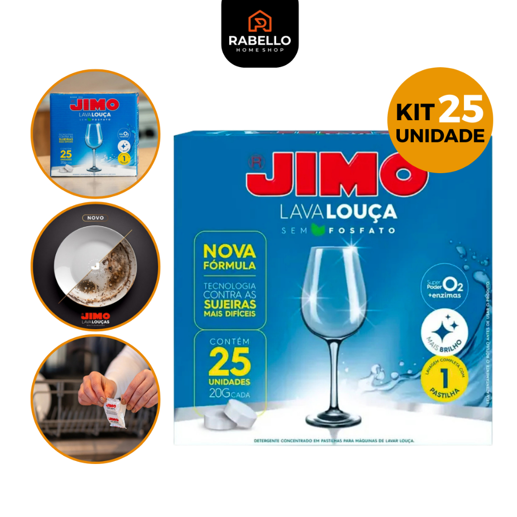 Imagem Jimo Lava Louça Kit 25 Pastilhas Sem Fosfato Secante Abrilhantador Detergente Concentrado