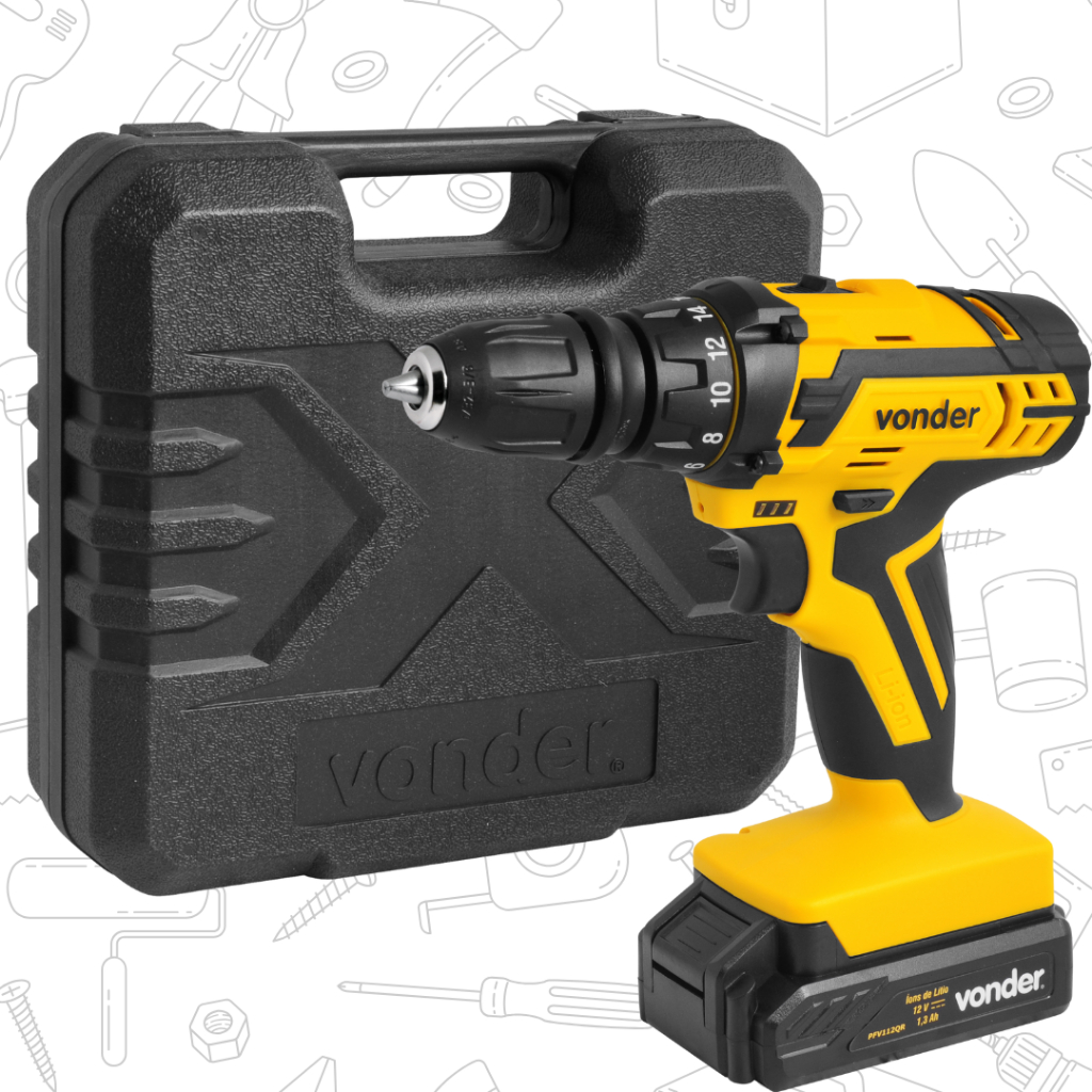Parafusadeira Vonder PFV 112QR 12V Bateria | Kit Maleta Com Trena Quick Release