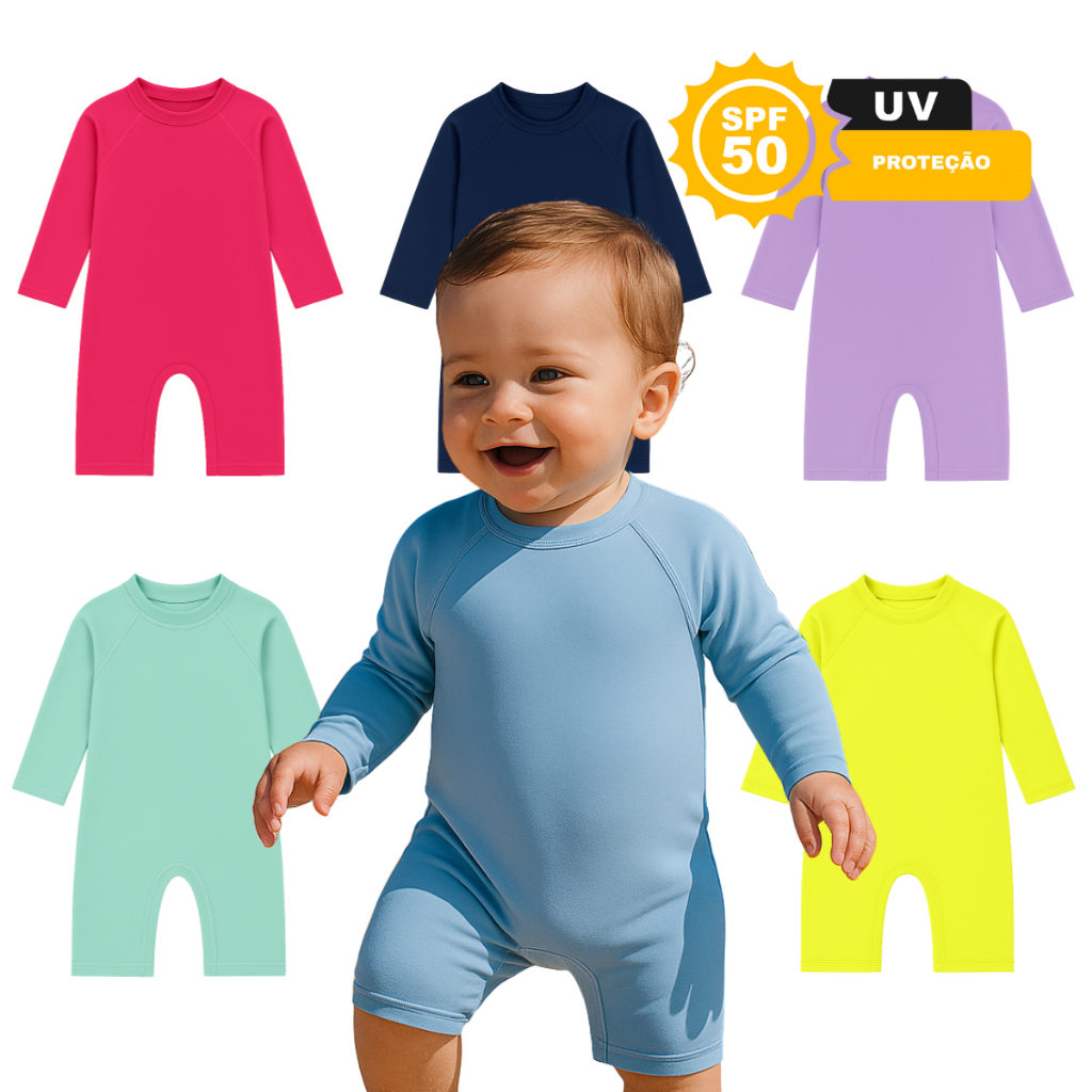 Macaquinho Manga Longa Praia Piscina Proteção Solar UV 50+ Para Bebê Infantil Unissex Basic