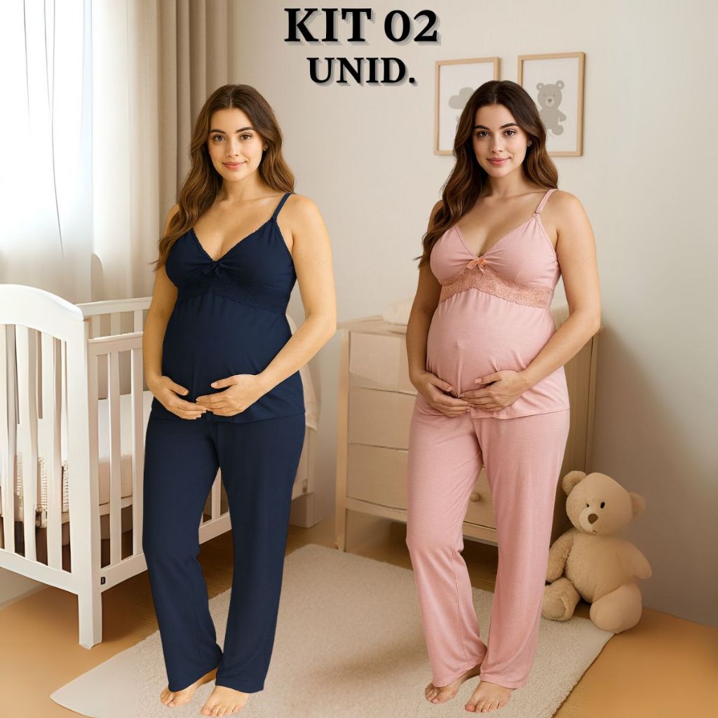 KIT 02 Pijamas Amamentação com Renda e Blusa abertura em Click Alça Reforçada e CALÇA Mate...