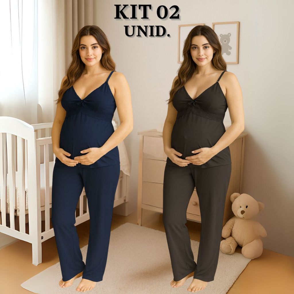 KIT 02 Pijamas Amamentação com Renda e Blusa abertura em Click Alça Reforçada e CALÇA Maternidade.