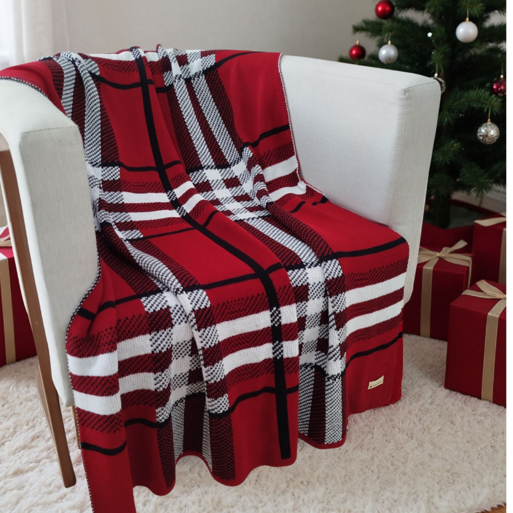 Manta Natalina Tricô Xadrez Decorativa Enfeite Natal Sofá Poltrona