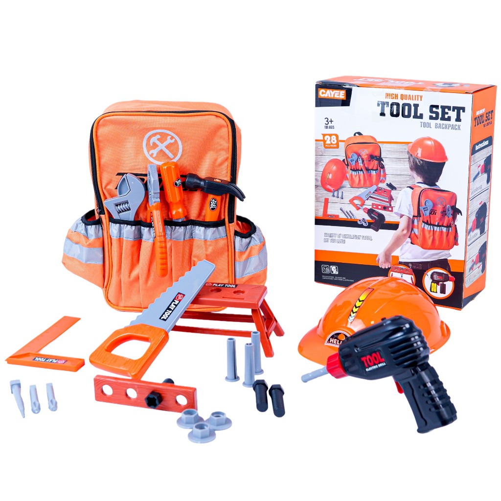 Kit Ferramentas Infantil Engenheiro Com Capacete Furadeira Furadeira De Brinquedo + Kit Mochila