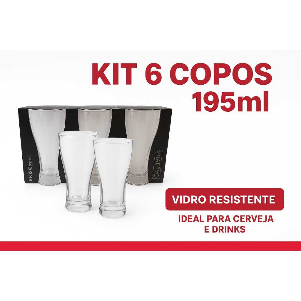 copo cerveja, conjunto com 6 copos, copo de vidro 195ml, copo chop, kit copos, copos para drinks