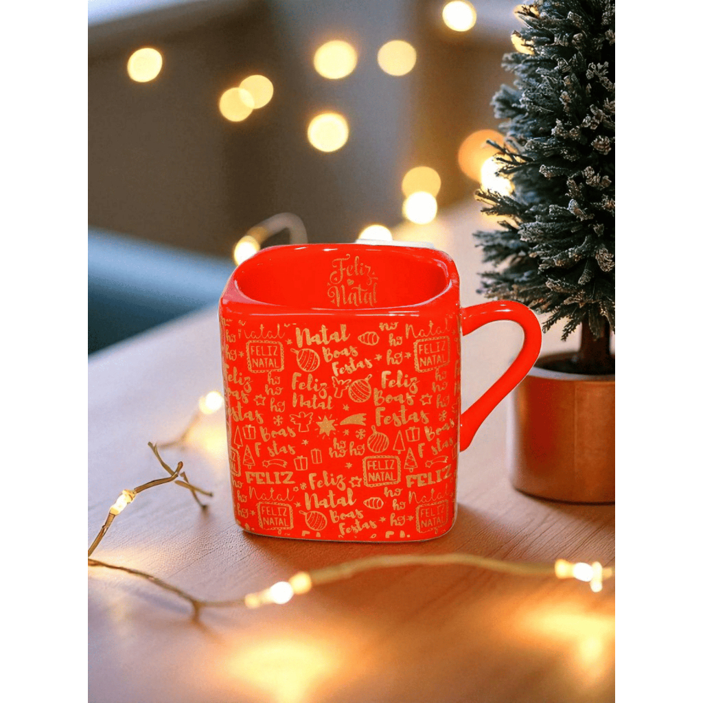 Caneca Porcelana Quadrada 220ml Chá Café Vermelha de Natal Exclusiva Presente