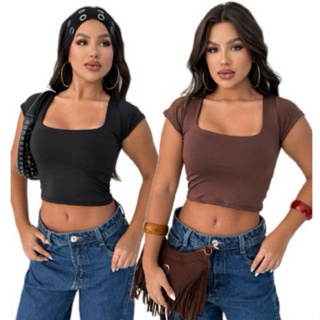 Kit 2 Blusas Baby Cropped Manga Curta Decote Quadrado Moda Feminina Slim Suplex Premium Top Básico Verão em Oferta na Shopee