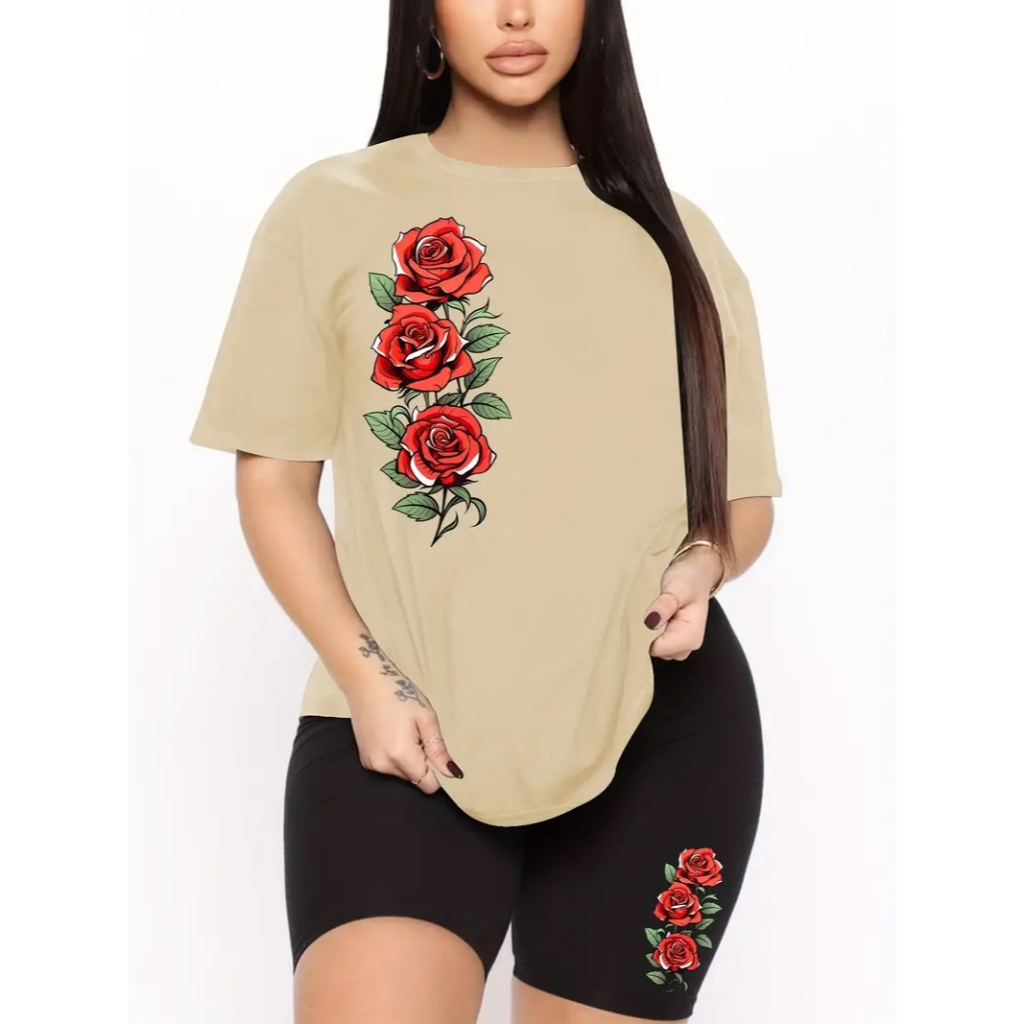 CONJUNTO FEMININO ACADEMIA CAMISETA+BERMUDA CÓS ALTO ZERO TRANSPARENCIA ESTILOSO FLORES ROSA VERMELHA