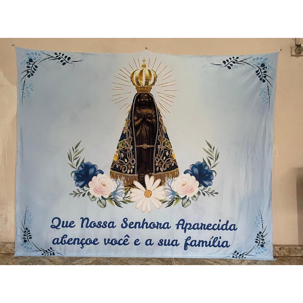 Fundo Fotográfico 2x1,60mts LxA em malha Sublimada nossa senhora aparecida aquarelado azul claro