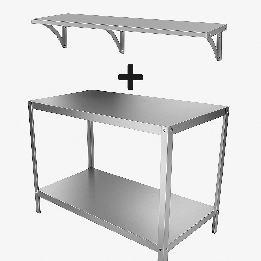 Kit Mesa Dupla Inox + Prateleira Inox Qualidade Reforçada