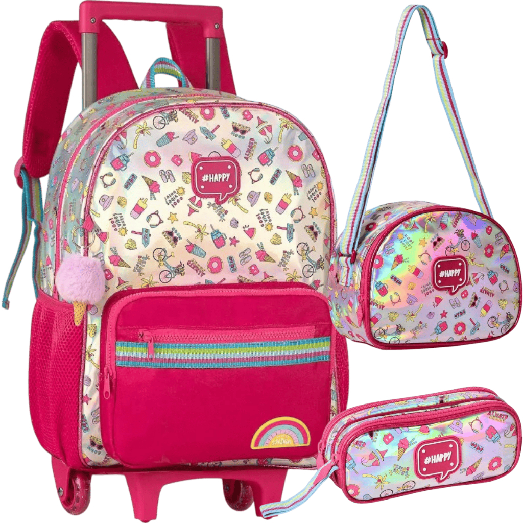 Kit Mochila de Rodinhas Holográfico Escolar Infantil com Lancheira Térmica e Estojo Clio