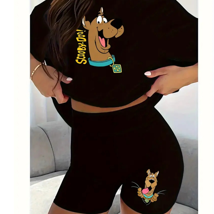 CONJUNTO FEMININO ACADEMIA CAMISETA+BERMUDA CÓS ALTO ZERO TRANSPARENCIA SCOOBY-DOO