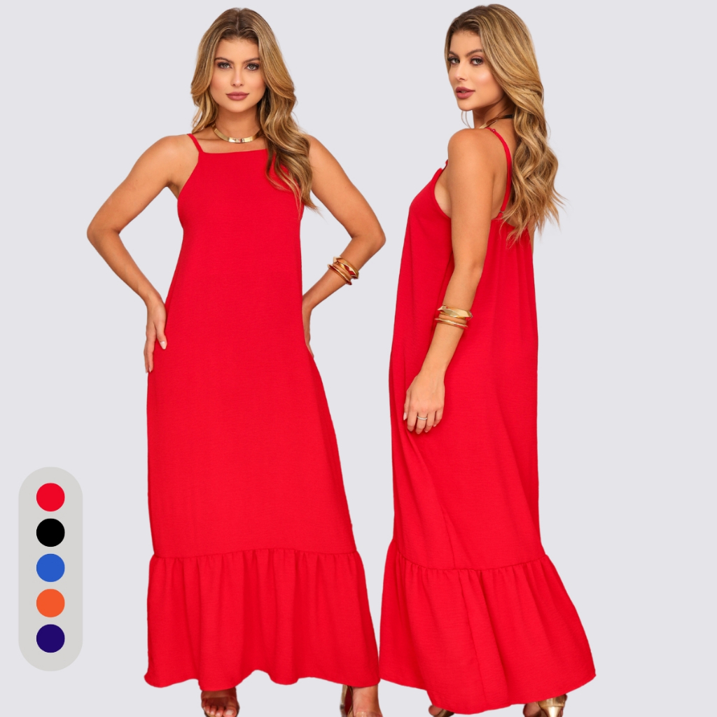 Vestido de Alcinha Longo Elegante Soltinho Festa Casual Moda Feminina Social