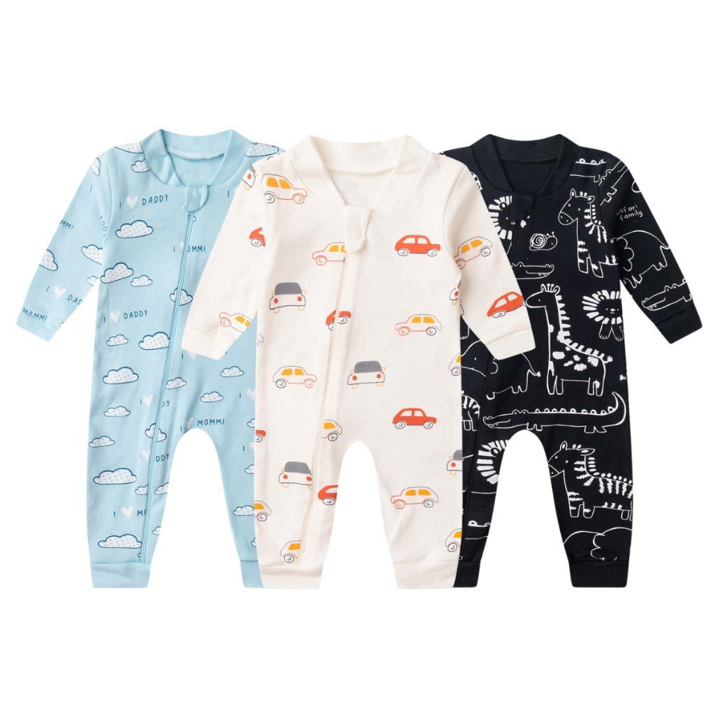 Kit 3 Macacão de Bebê Com Zíper Carrinhos, Dinossauro e Nuvens (RN/P/M/G) - Bebê Fofuxo