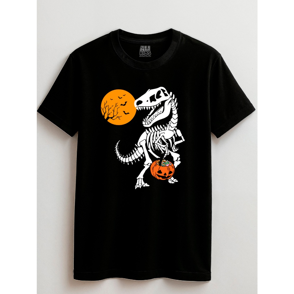 Camisa T-shirt para crianças Juvenil e Infantil 2 ao 16 Esqueleto Dinossauro Halloween