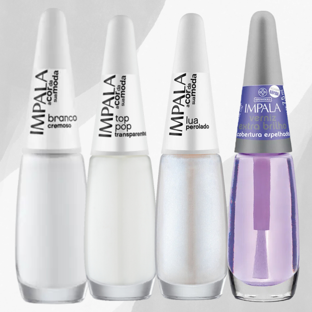 Kit 4 Esmaltes Impala Branco Francesinha p/ Noivas Com Verniz Extra Brilho Cobertura Espelhada