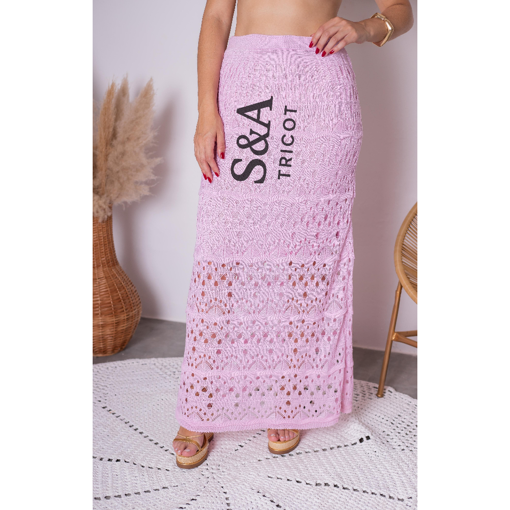 Saia Longa Forrada de Tricot Ponto Crochê Rendada Elegante Feminina Lançamento Moda Atemporal Verão em Oferta na Shopee