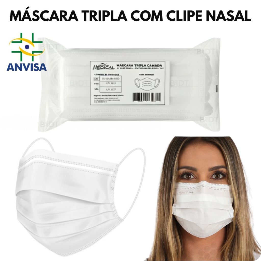 Kit 50 unidades de Máscara Tripla Descartável Proteção Com Clipe Nasal e ANVISA