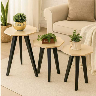 Trio Mesinhas Geométrica na cor OFF EHITE  Pé Trapézio PRETO Retro (3 BTP) em Oferta na Shopee