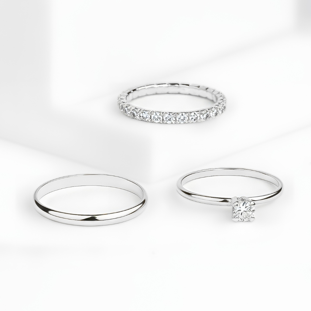 Kit Trio de Anéis Femininos Aliança Unissex + Aparador + Solitário de Zircônia Banhado a Prata em Oferta na Shopee