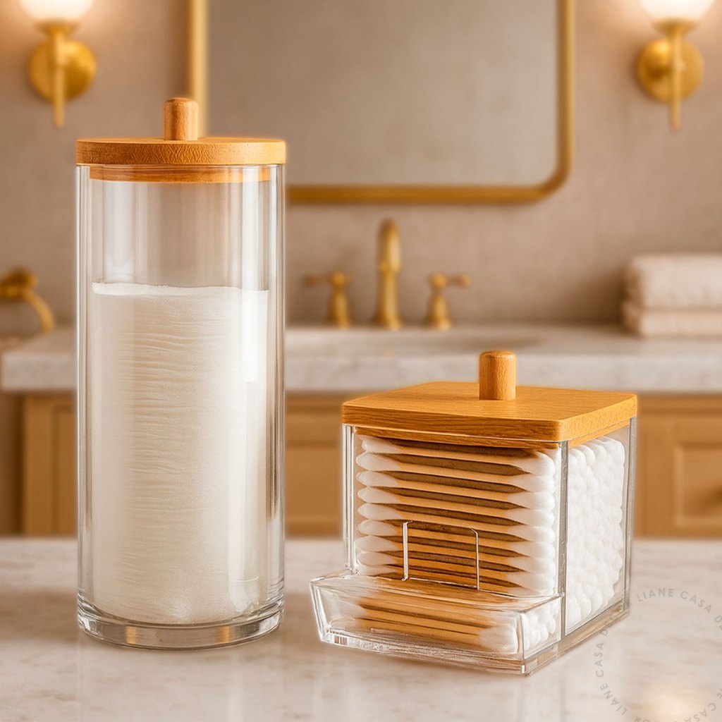 Organizador Cotonete E Algodão Tampa Bambu Acrilico em Oferta na Shopee