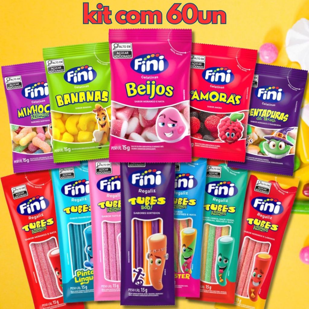 Kit 60 Pacotes Bala Fini Sabores Variados
