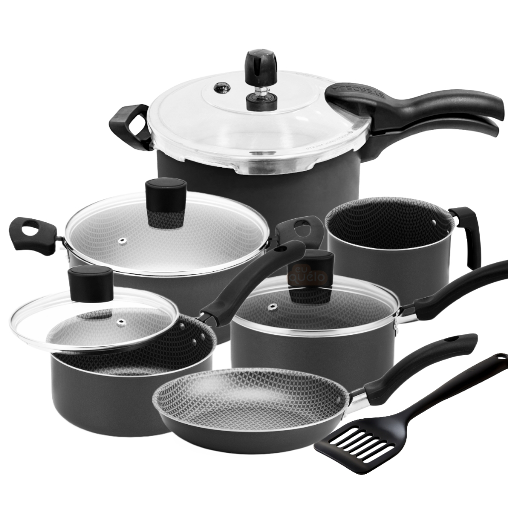 JG de Panela Antiaderente + Panela de Pressão 4,5L Fechamento c/ Caneco + Frigideira + Espatula 7pçs