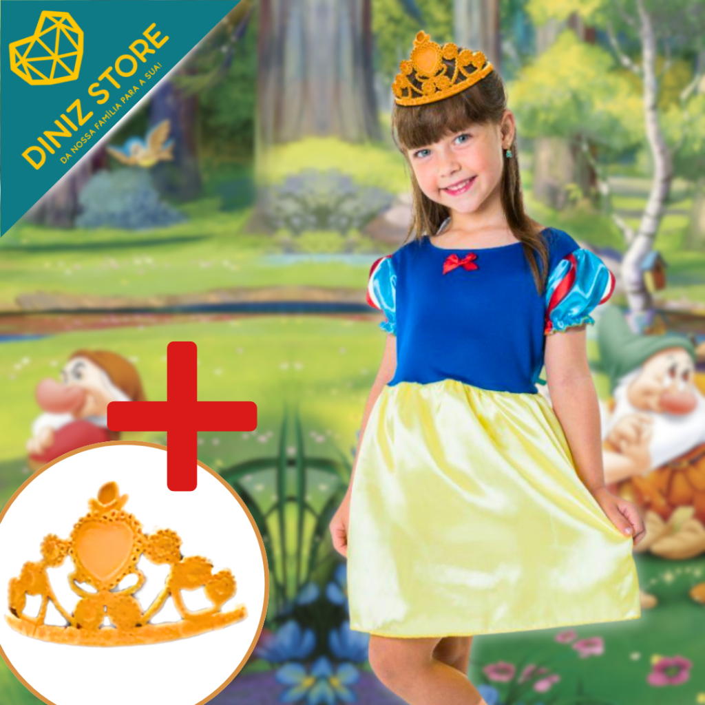 Fantasia Infantil Princesa Azul e Amarela Branca de Neve com Coroa Festa