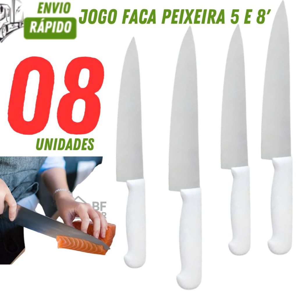 Facas Multiuso 08/06/04 Unid Faca Peixeira 8 e 5 "Polegadas Cabo Branco e Inox Corta Carne e Legumes
